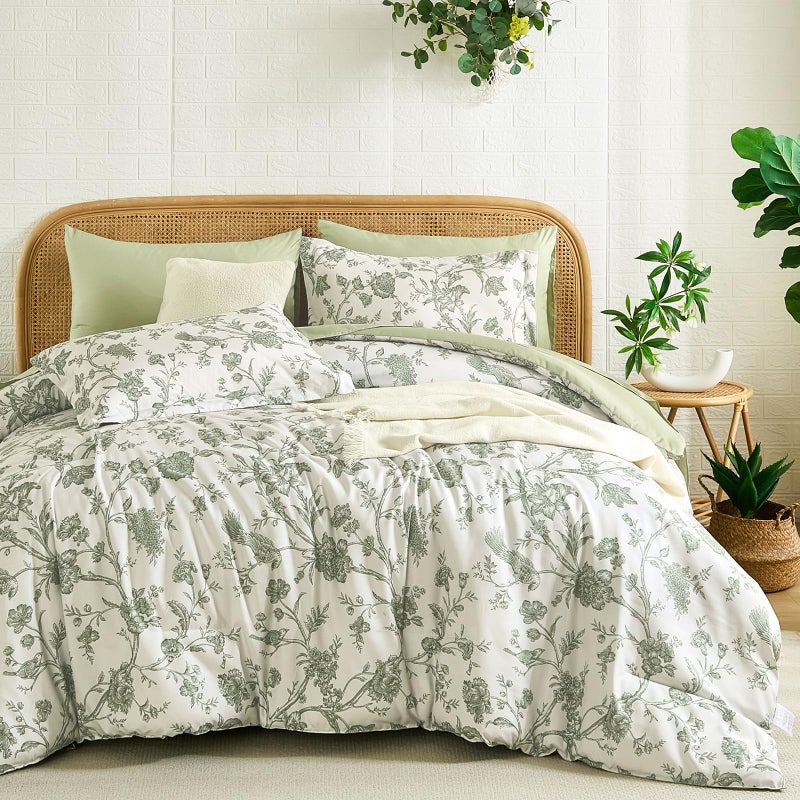 Luxudecor Floral Queen Comforter Set 7 Pieces Bed in a Bag, Sage Green Flower with Bird Bedding Set, Soft Reversible Comforter with Sheet Set 90"x90" - Image 1
