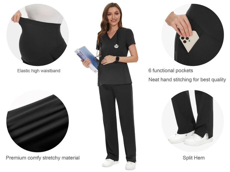 POSHGLAM Women's Maternity Scrubs Pant 6-Pocket Stretchy Comfy Workwear Casual Pregnancy Pants(New Black, X-Large) - Image 3