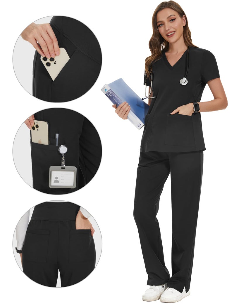 POSHGLAM Women's Maternity Scrubs Pant 6-Pocket Stretchy Comfy Workwear Casual Pregnancy Pants(New Black, X-Large) - Image 4