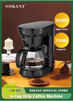 sokany 6 Cup Electric Coffee Maker for Drip Coffee and Espresso with Glass Carafe,Coffee Machine 750ml, CM102(Black)  - Image 1
