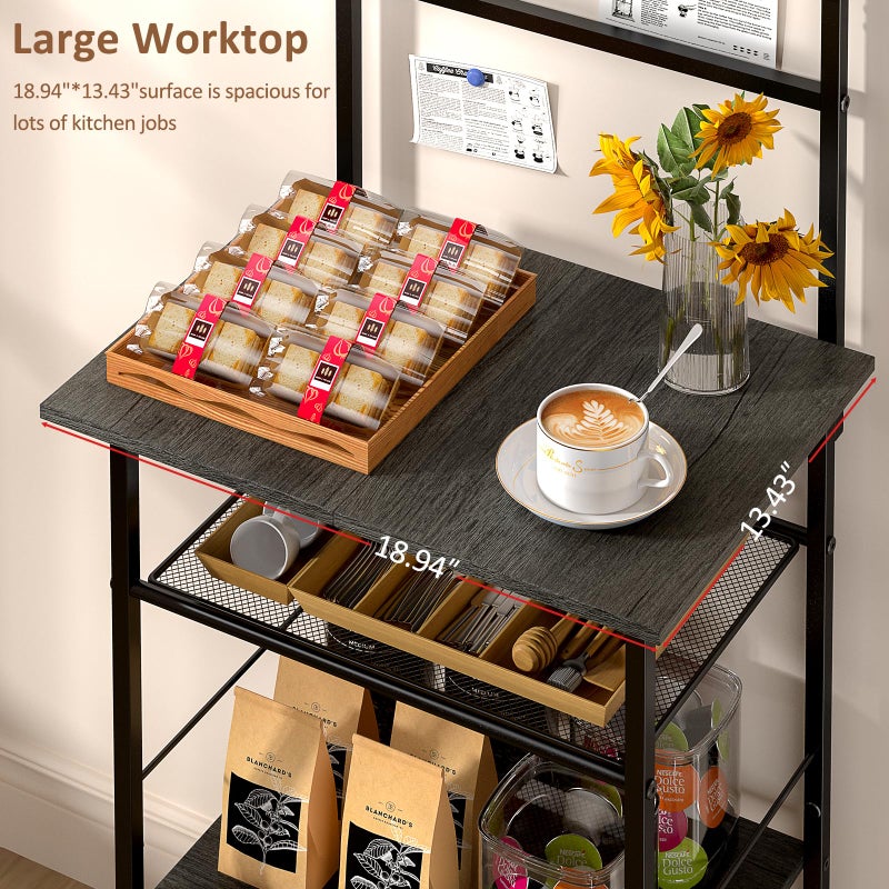 DAOUTIME 5 Tier Coffee Bar Station, Kitchen Stand with 4 S-Shaped Hooks, Farmhouse Corner Coffee Bar for Small Spaces, Bakers Rack for Kitchen, Entryway, Living Room, 13.43"D x 18.93"W x 53.31"H,Gray - Image 5