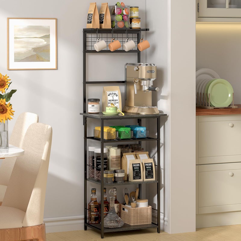 DAOUTIME 5 Tier Coffee Bar Station, Kitchen Stand with 4 S-Shaped Hooks, Farmhouse Corner Coffee Bar for Small Spaces, Bakers Rack for Kitchen, Entryway, Living Room, 13.43"D x 18.93"W x 53.31"H,Gray - Image 2