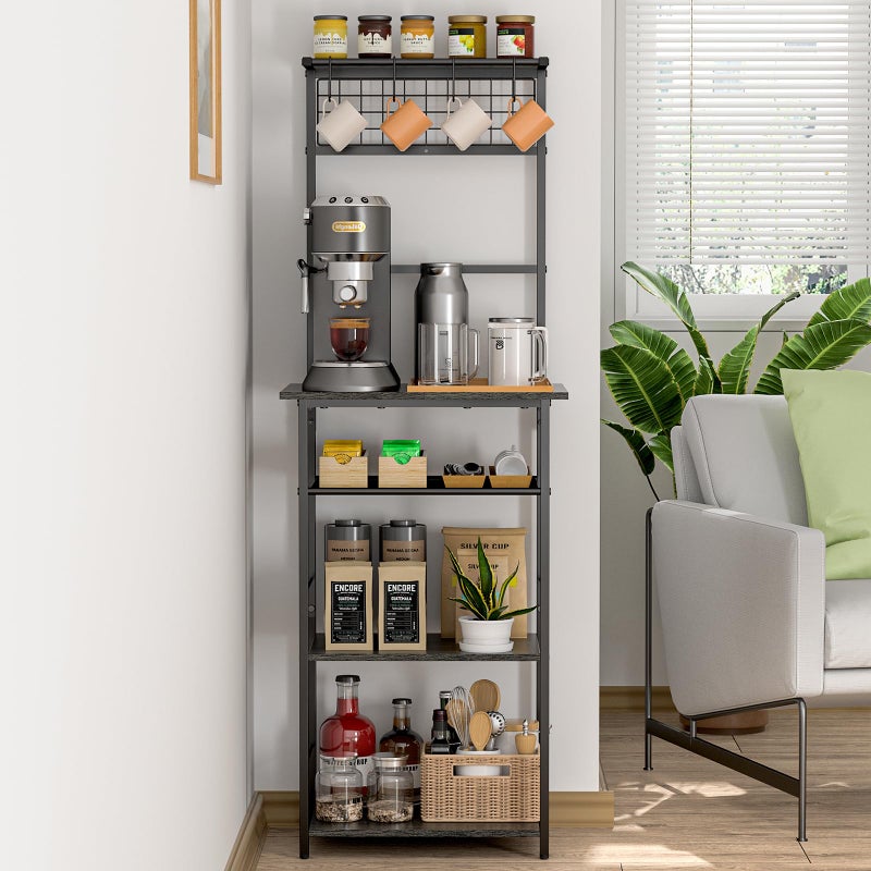 DAOUTIME 5 Tier Coffee Bar Station, Kitchen Stand with 4 S-Shaped Hooks, Farmhouse Corner Coffee Bar for Small Spaces, Bakers Rack for Kitchen, Entryway, Living Room, 13.43"D x 18.93"W x 53.31"H,Gray - Image 1