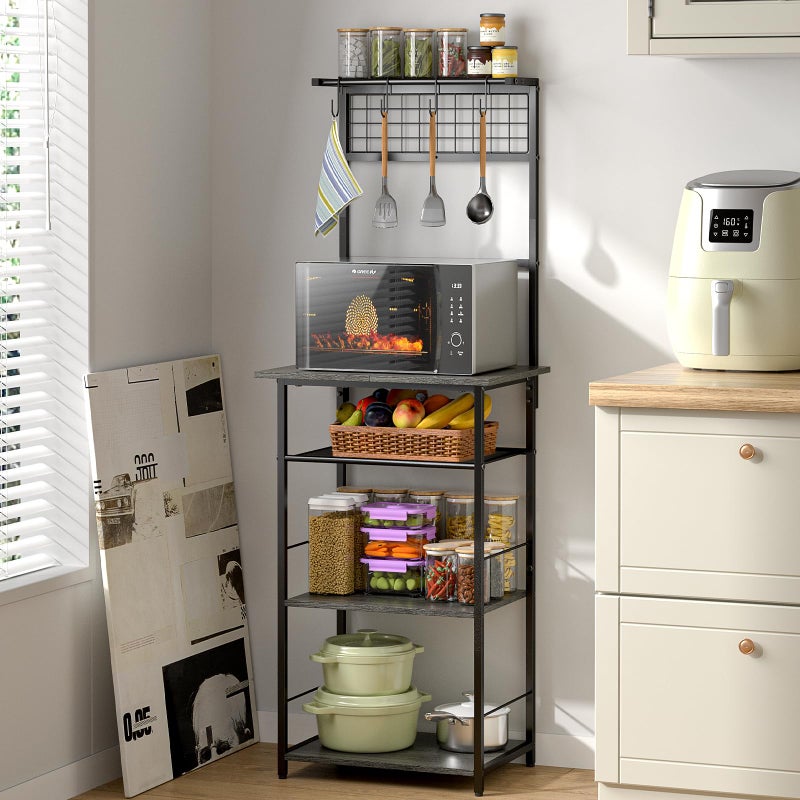 DAOUTIME 5 Tier Coffee Bar Station, Kitchen Stand with 4 S-Shaped Hooks, Farmhouse Corner Coffee Bar for Small Spaces, Bakers Rack for Kitchen, Entryway, Living Room, 13.43"D x 18.93"W x 53.31"H,Gray - Image 4