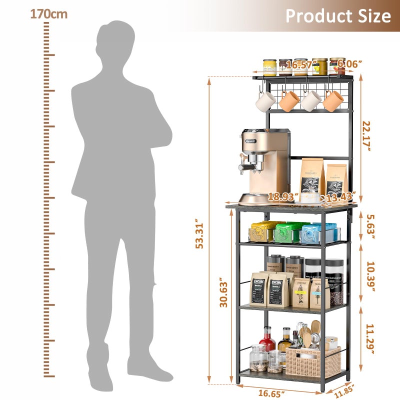 DAOUTIME 5 Tier Coffee Bar Station, Kitchen Stand with 4 S-Shaped Hooks, Farmhouse Corner Coffee Bar for Small Spaces, Bakers Rack for Kitchen, Entryway, Living Room, 13.43"D x 18.93"W x 53.31"H,Gray - Image 3