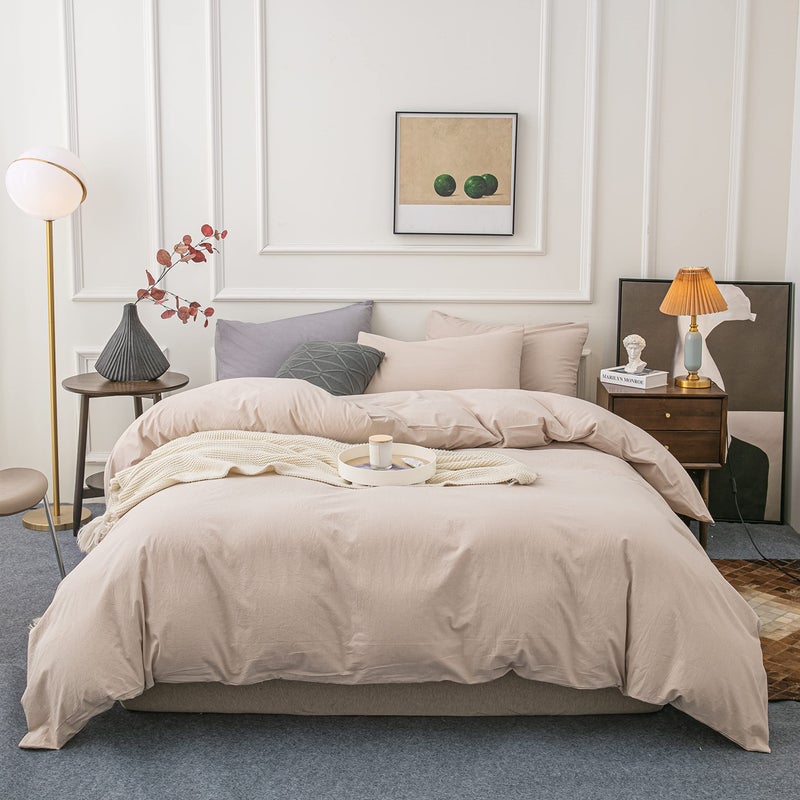Janlive Washed Cotton Duvet Cover Queen Ultra Soft 100 Cotton Solid Color Light Camel Duvet Cover Set with Zipper Closure 3 Pieces Light Camel Queen