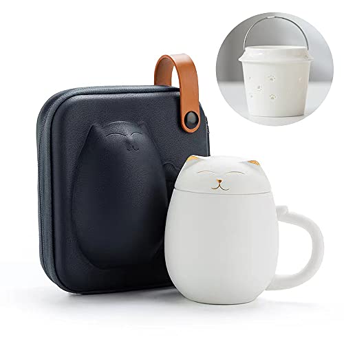 Rain House Cat Tea Cup with Infuser and Lid Cute Ceramic Cat Mugs for Loose Leaf Steeping 350ML Teacups with Portable Shatterproof Case Handmade Teapot Infuser Cup Perfect for Home Office Travel White - Image 1