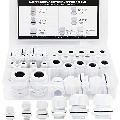 MAKERELE Nylon Waterproof NPT Cable Glands electrical conduit connectors Kit 50pcs 1/4” 3/8” 1/2” 3/4” 1” 1-1/4” cord grip strain relief Grey With Gaskets - Image 1