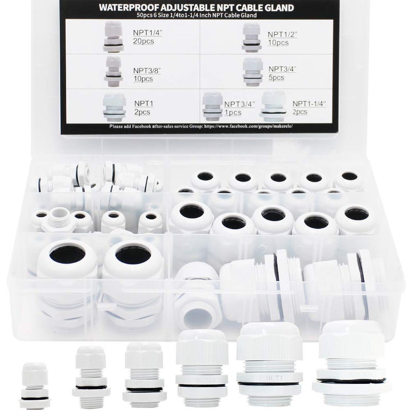 MAKERELE Nylon Waterproof NPT Cable Glands electrical conduit connectors Kit 50pcs 1/4” 3/8” 1/2” 3/4” 1” 1-1/4” cord grip strain relief Grey With Gaskets - Image 5
