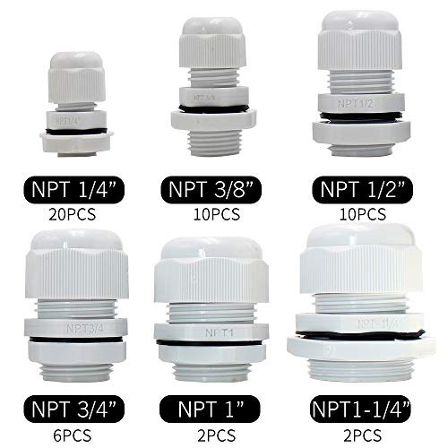 MAKERELE Nylon Waterproof NPT Cable Glands electrical conduit connectors Kit 50pcs 1/4” 3/8” 1/2” 3/4” 1” 1-1/4” cord grip strain relief Grey With Gaskets - Image 2