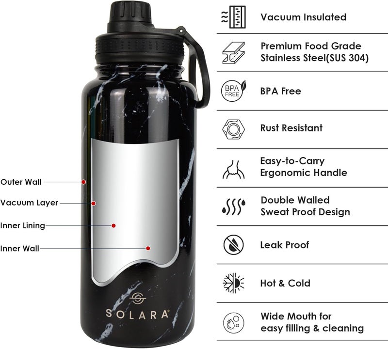 SOLARA Insulated Water Bottle 1 Litre, Hot Water Bottle, 1000ml Thermosteel Water Bottle for Travel, Home, Office, School, Gym, Adults, Water Bottle Hot and Cold, Sipper Bottle, Black Marble - Image 2