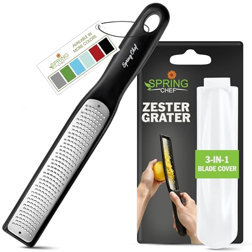 Spring Chef Premium Lemon Zester Grater with Handle  Fruits Garlic Chocolate Nutmeg Ginger Grater  Heavy Duty Kitchen Tool  Stainless Steel Citrus Zester with Blade Cover  Fine Shred Black