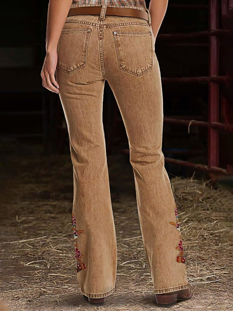 Flamingals Women's Floral Embroidery Mid Waist High Stretch Bootcut Jeans with Pockets Khaki S - Image 5