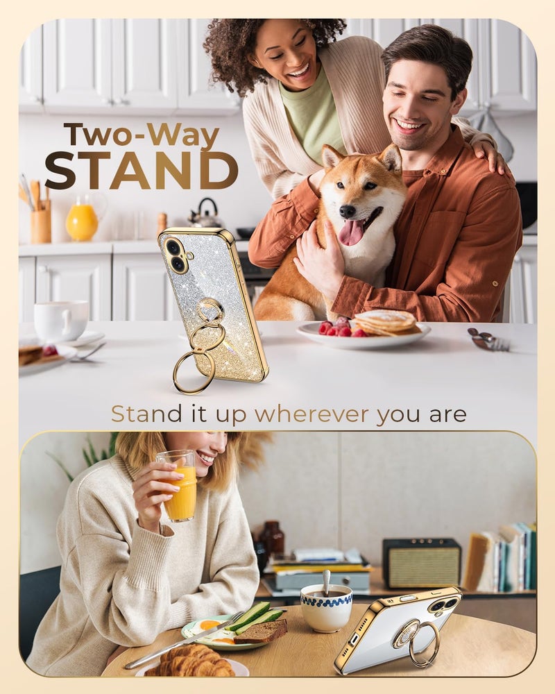 XYZ for iPhone 16 Plus Case with Stand, Phone Case with Double Ring Kickstand, Women Girls Bling Luxury Glitter Clear Phone Case Cover Heart for iPhone 16 Plus 6.7 inch, Gold - Image 5