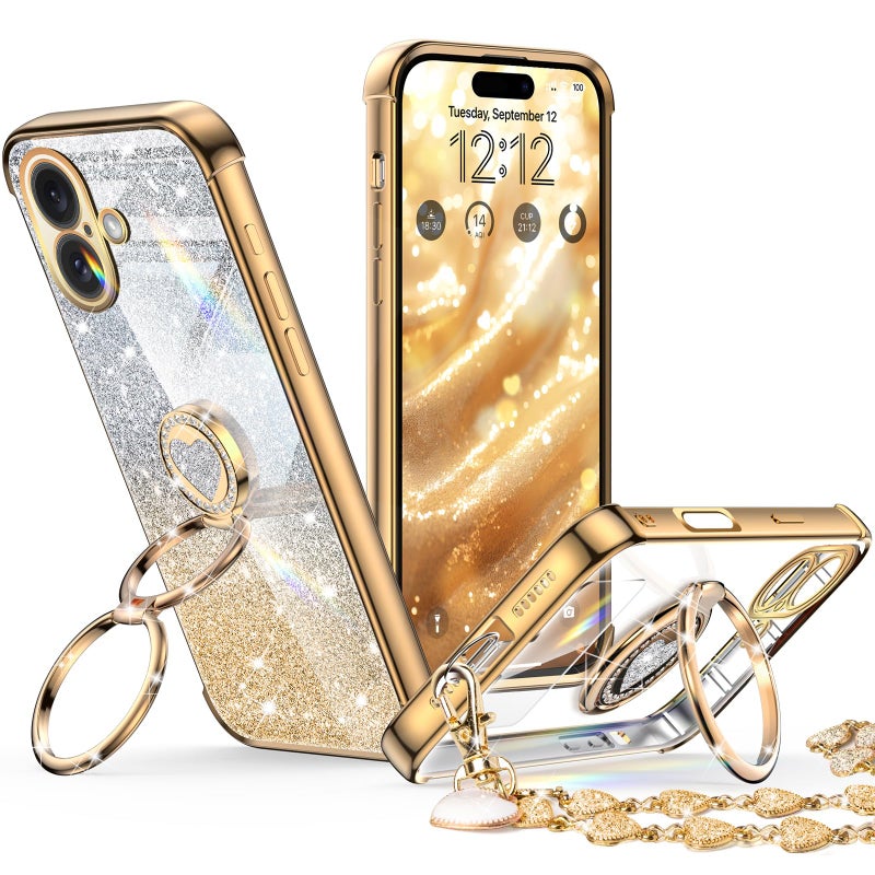 XYZ for iPhone 16 Plus Case with Stand, Phone Case with Double Ring Kickstand, Women Girls Bling Luxury Glitter Clear Phone Case Cover Heart for iPhone 16 Plus 6.7 inch, Gold - Image 1