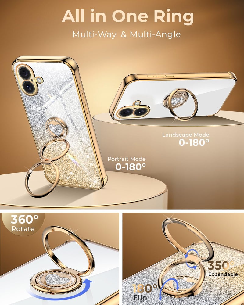 XYZ for iPhone 16 Plus Case with Stand, Phone Case with Double Ring Kickstand, Women Girls Bling Luxury Glitter Clear Phone Case Cover Heart for iPhone 16 Plus 6.7 inch, Gold - Image 3