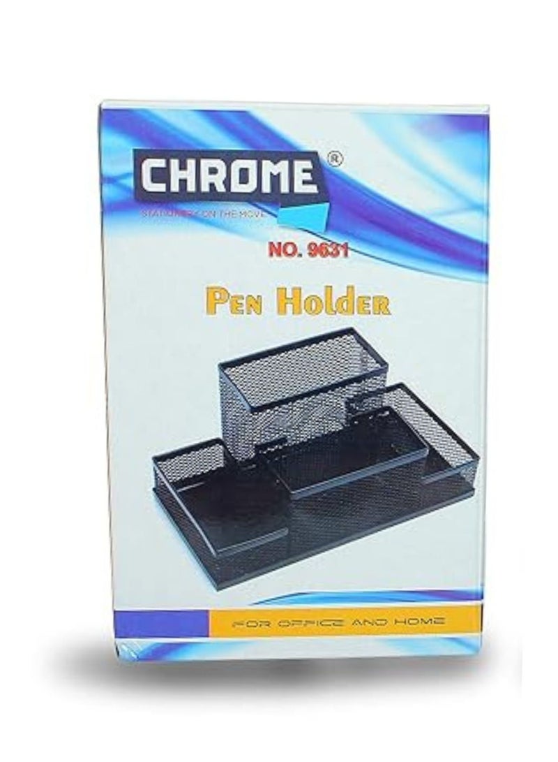 chrome Metal Mesh 4 Compartment Pen Stand Desk Organizer for Office, Home, Study to Organise Stationery - Image 1