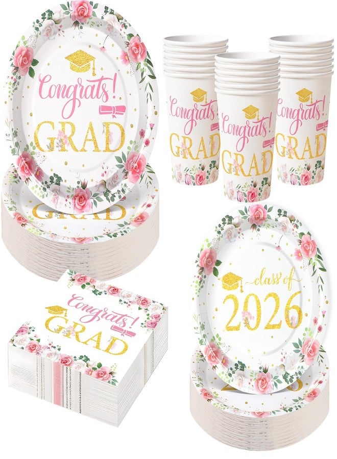 LOOWVY Class of 2026 Floral Graduation Party Supplies, 200Pcs Congrats Grad Disposable Tableware Set Include Plates Napkins Cups Forks Knives Spoons for 50 Guests - Image 1