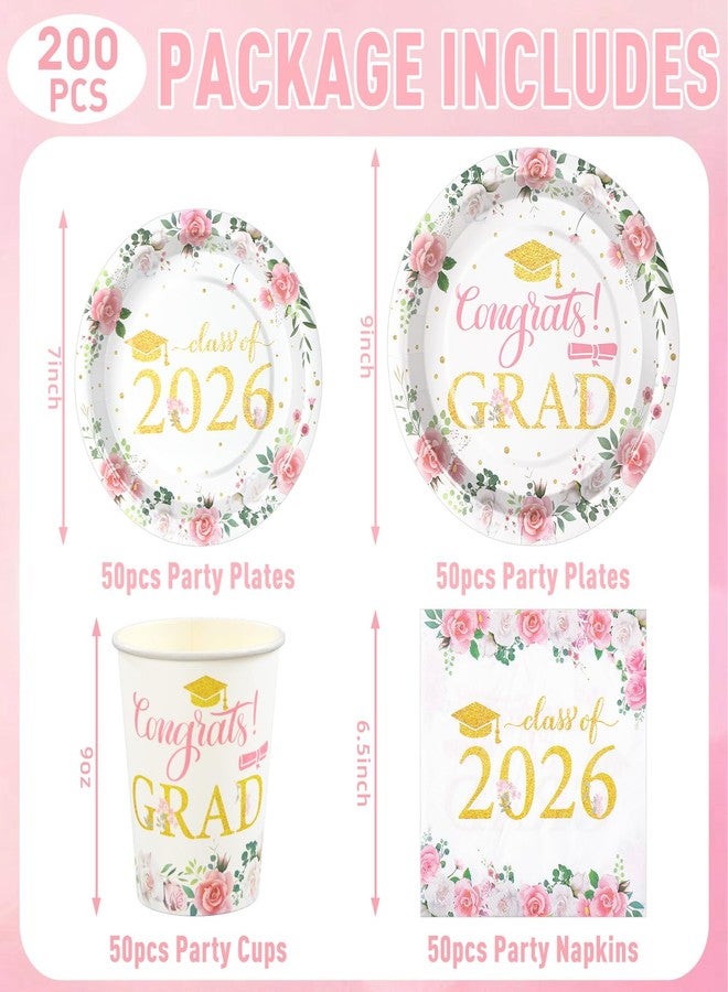 LOOWVY Class of 2026 Floral Graduation Party Supplies, 200Pcs Congrats Grad Disposable Tableware Set Include Plates Napkins Cups Forks Knives Spoons for 50 Guests - Image 2