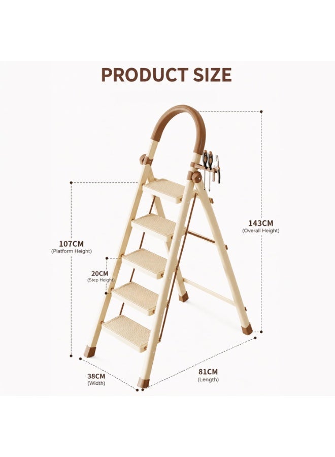 DubaiGallery Elegant Multi-Purpose Folding Step Ladder Designed with a stylish cream finish, sturdy construction, wide steps, comfortable handrail, and convenient hanging hooks, this versatile ladder offers reliable support while helping you reach high shelves, cabinets, closets, and storage areas effortlessly. - Image 3