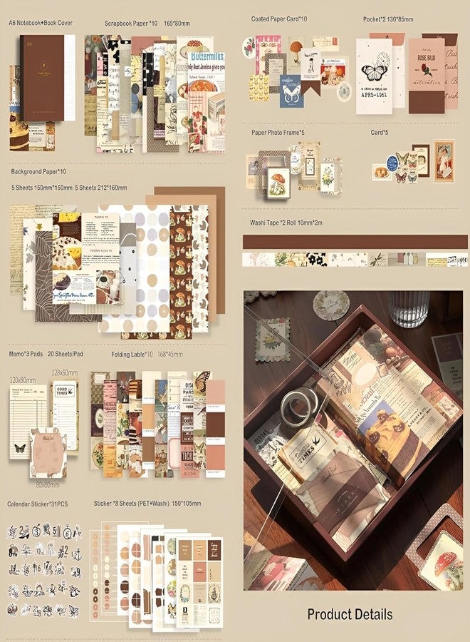 BONDWET Vintage Aesthetic Scrapbook Kit, 346 Pcs, A6 Grid Notebook, Washi, Envelopes, Scrapbook Papers, Folding Labels, Background Papers, Photo Frames, Calendar Stickers, Stickers (Vintage) - Image 2