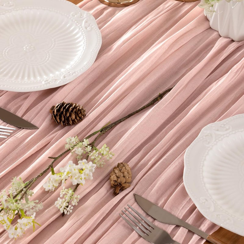 LINXTAR Dusty Pink Valentines Day Table Runner Cheesecloth Table Runner 10FT Farmhouse Table Runners 120 Inches Spring Decor Table Centerpiece for Wedding Boho Baby Shower Birthday - Image 2