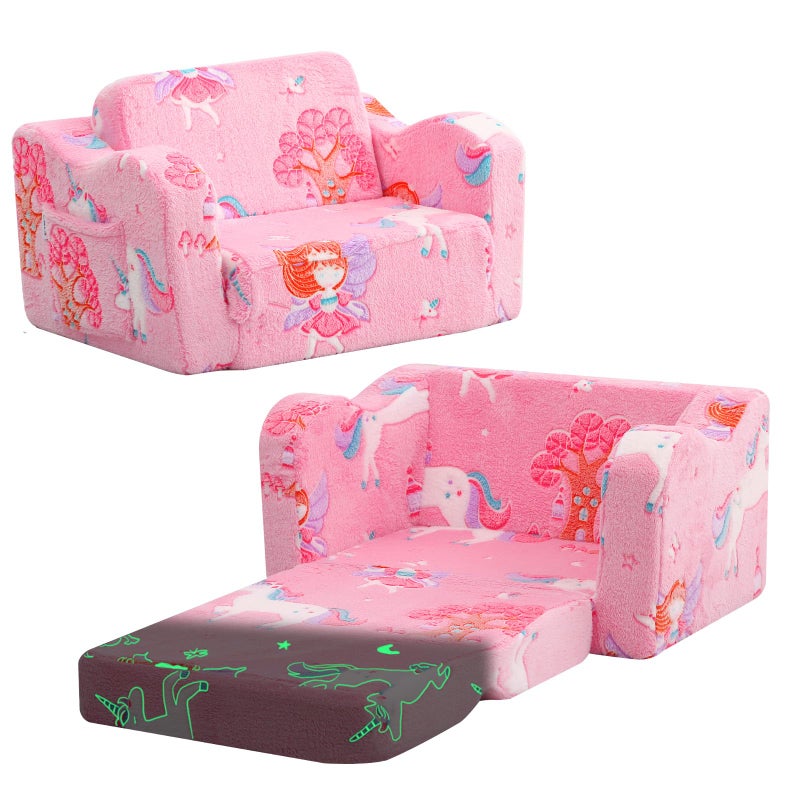 MeMoreCool Folding Toddler Chair, Glow-in-The-Dark Soft Plush Kids Fold-Out Couch Sofa, Comfy Baby Recliner for Girls and Boys (Pink Fairy) - Image 1