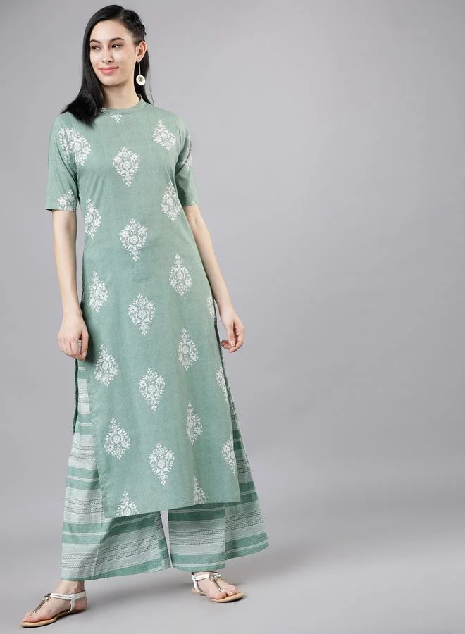 فيشود Damask Print Straight Kurta and Striped Wide Leg Pant Set by Styli