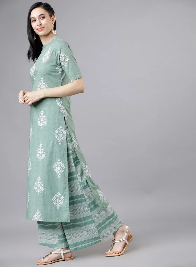 فيشود Damask Print Straight Kurta and Striped Wide Leg Pant Set by Styli
