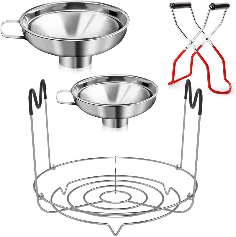 Cedilis 4 Pieces Canning Kit, 1PC Canning Rack+ 1PC Canning Jar Lifter Tong+ 2PC Canning Funnels, Stainless Steel Canning Supplies Canning Rack and Canning Tong for Mason Jars - Image 1