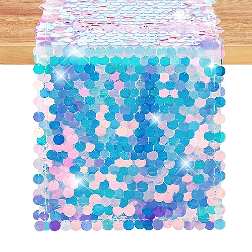 OQSC Mermaid Party Table Runners 1 Piece 12 x 84 Inches Mermaid Tail Colorful Sequin Table Runner Mermaid Ocean Theme Series Party Decoration Glitter Table Runners - Image 1