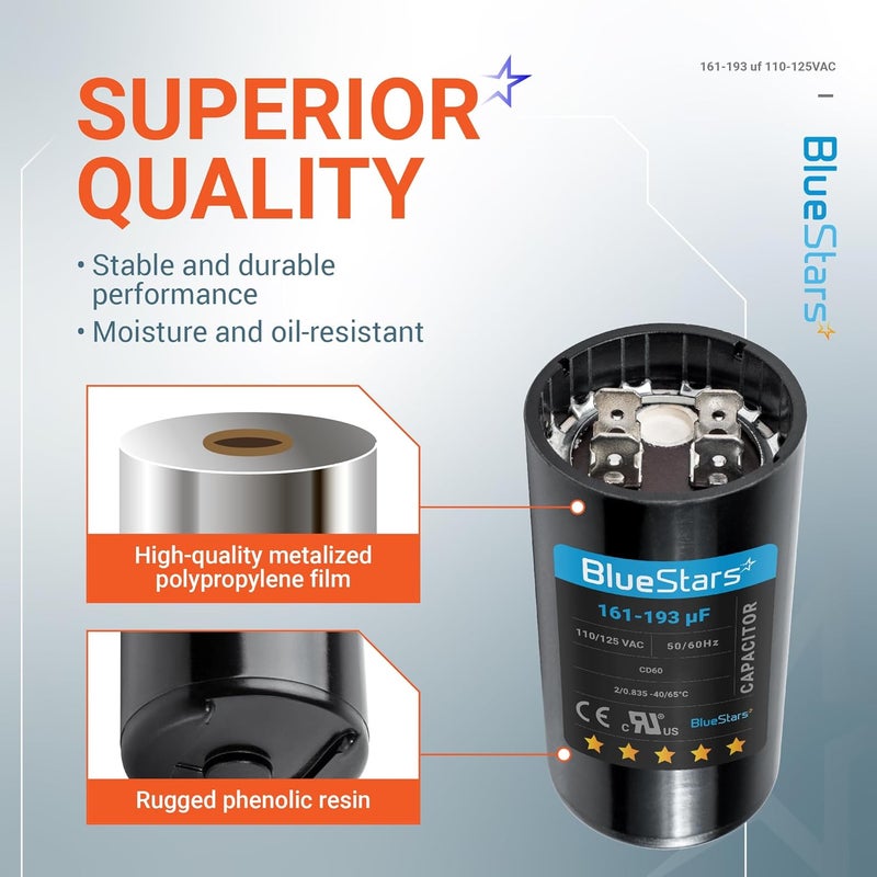 BlueStars [2025 Upgraded] 161-193 uf/MFD 125 VAC ±20% 50/60 Hz CD60 Round Motor Well Pump Start Capacitor Replacement - Perfect Fit for Air Conditioner, Heat Pump - Up to 30.000 Hours - Image 5