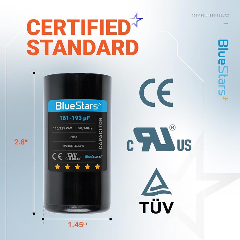 BlueStars [2025 Upgraded] 161-193 uf/MFD 125 VAC ±20% 50/60 Hz CD60 Round Motor Well Pump Start Capacitor Replacement - Perfect Fit for Air Conditioner, Heat Pump - Up to 30.000 Hours - Image 2