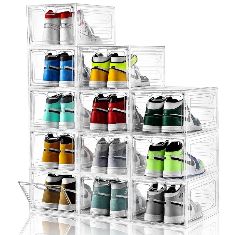 INSTY 12 Pack Large Shoe Storage Box Clear Shoe Storage Organizer with Magnetic Door StackableShoe Containers For Display Sneakers Easy Assembly Fit up to US Size 12