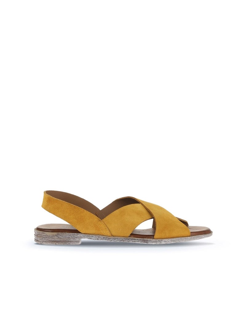 BUENO Women's Yellow Suede Criss-Cross Slingback Sandals – Flat Sole with Distressed White Finish - Image 1