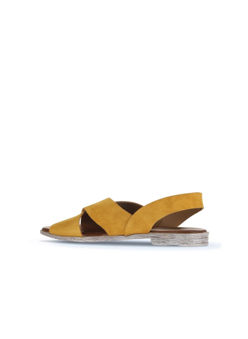 BUENO Women's Yellow Suede Criss-Cross Slingback Sandals – Flat Sole with Distressed White Finish - Image 4