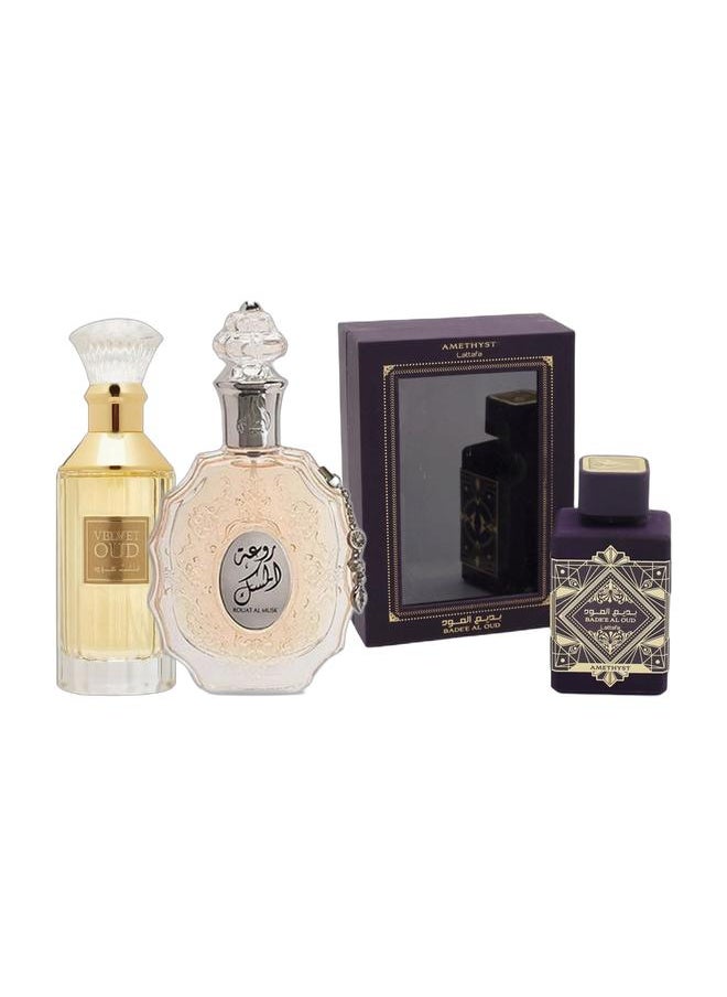 Lattafa Rouat Al Musk EDP 100ml, Velvet Oud EDP 100ml, and Bade'e Al Oud Amethyst EDP 100ml  - Image 1