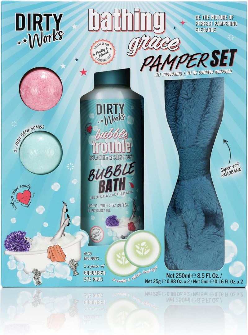 Dirty Works Bathing Grace Pamper Gift Set Relaxing Vegan Spa Kit with Bubble Bath Bath Fizzers Headband Cooling Eye Pads Ultimate Bath Body Care Gift