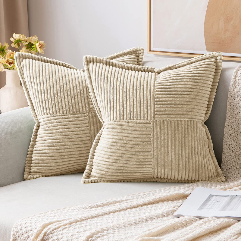 MIULEE Cream Corduroy Pillow Covers 20x20 Inch with Splicing Set of 2 Soft Boho Striped Pillow Covers Broadside Decorative Textured Pillowcases for Couch Cushion Bed Livingroom