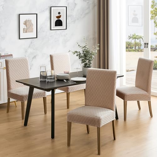 MOSAYT 100 Waterproof Dining Room Chair Covers Set of 6 Super Fit Stretch Jacquard Parson Chairs Slipcovers Removable Washable Chair Seat Protectors for Home Kitchen Banquet Khaki - Image 3