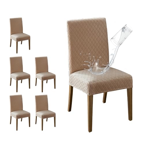 MOSAYT 100 Waterproof Dining Room Chair Covers Set of 6 Super Fit Stretch Jacquard Parson Chairs Slipcovers Removable Washable Chair Seat Protectors for Home Kitchen Banquet Khaki - Image 1