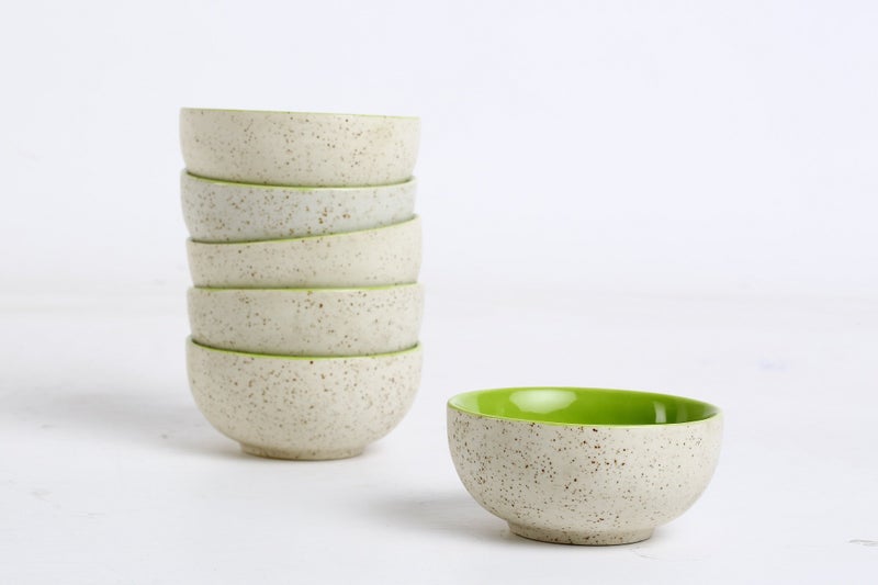 Caffeine Ceramic Handmade White & Green Dining Bowl (Set of 6) - Image 3