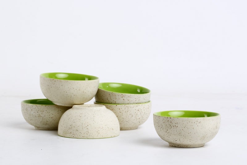 Caffeine Ceramic Handmade White & Green Dining Bowl (Set of 6) - Image 1