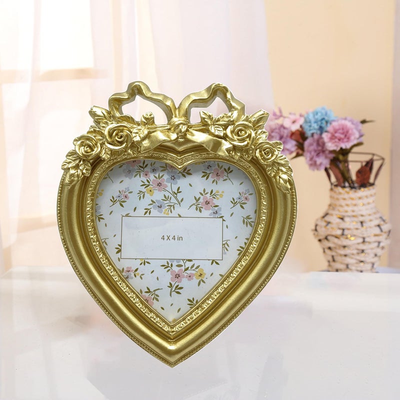 Aispama Cute Picture Frame with Heart Shape,Hand-Crafted Resin Vintage Ornate Style Picture Frames for Wall or Tabletop Display, Antique Gold 4x4 Inch Resin Photo Frame for Home DÃ©cor - Image 4