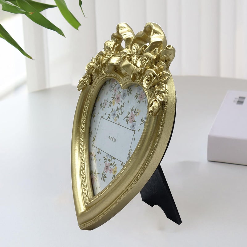 Aispama Cute Picture Frame with Heart Shape,Hand-Crafted Resin Vintage Ornate Style Picture Frames for Wall or Tabletop Display, Antique Gold 4x4 Inch Resin Photo Frame for Home DÃ©cor - Image 5