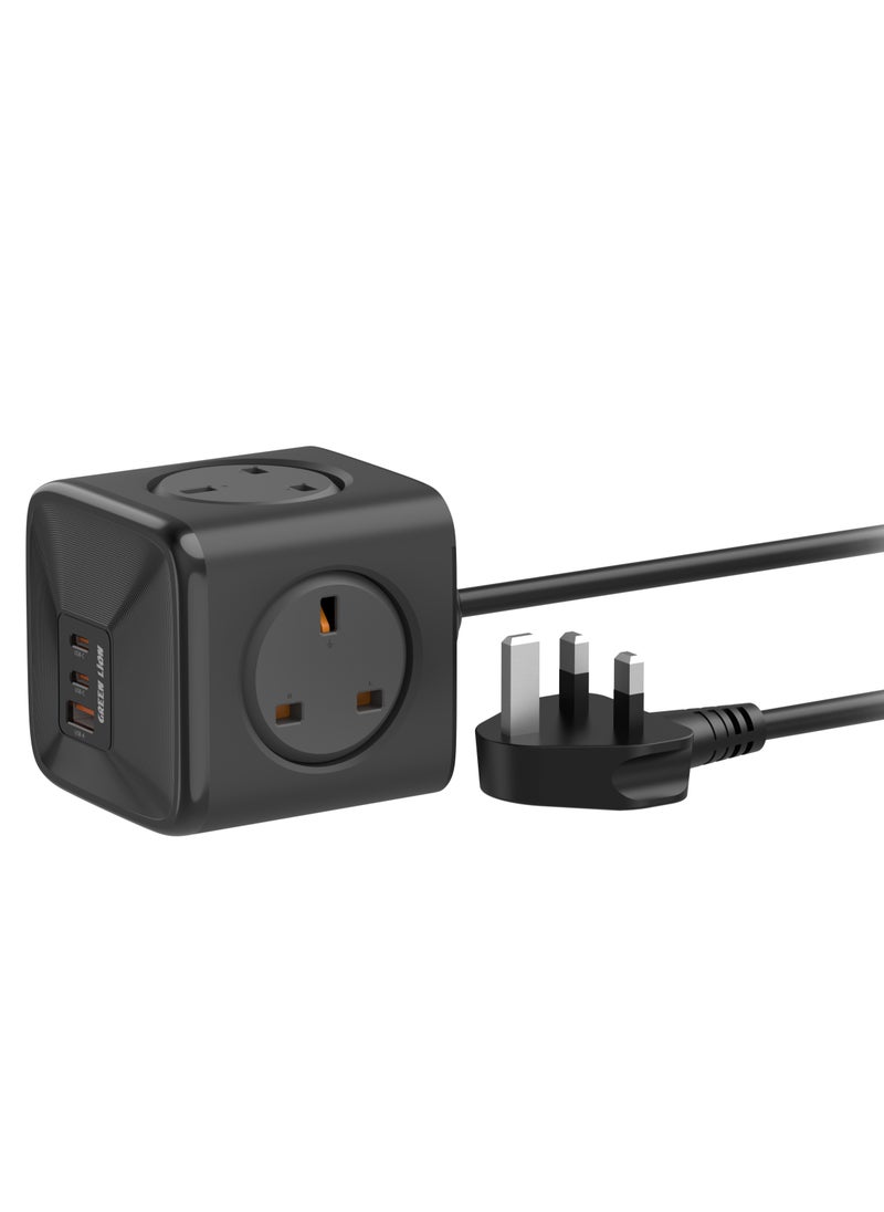 GREEN LION 7 In 1 Compact Power Socket 33W PPS / 2 USB-C / 1 USB-A / 4-UK Plug Sockets / 1.5 m Power Cord / Multiple Protection / GaN Technology / Universal Compatibility / 3250W Power - Black  - Image 1