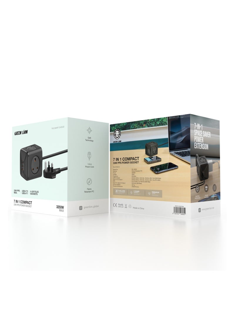 GREEN LION 7 In 1 Compact Power Socket 33W PPS / 2 USB-C / 1 USB-A / 4-UK Plug Sockets / 1.5 m Power Cord / Multiple Protection / GaN Technology / Universal Compatibility / 3250W Power - Black  - Image 5