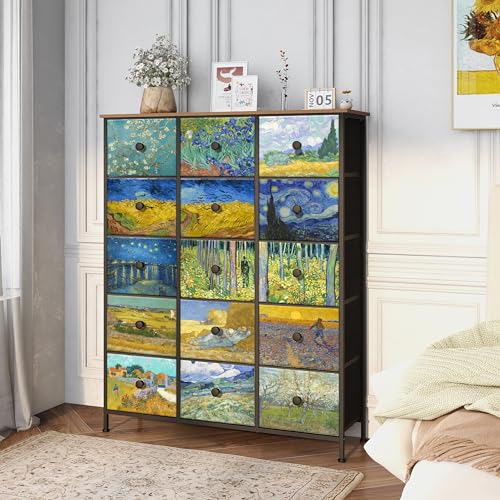 EXOTICA EXOTICA Large Chest of Drawers 15 Drawer Dresser Van Gogh Tall Fabric Dresser for Bedroom Living Room Entryway Closet with Sturdy Metal Frame and Wooden Top