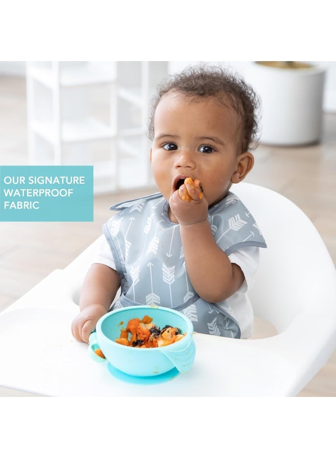 Bumkins Bibs for Girl or Boy, SuperBib Baby and Toddler for 6-24 Mos, Essential Must Have for Eating, Feeding, Baby Led Weaning Supplies, Mess Saving Catch Food, Waterproof Soft Fabric, Gray Arrows - Image 3