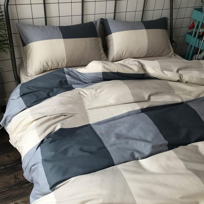 LifeTB King Comforter Set Modern Style Checkered Pattern Comforter Boho Plaid Comforter Set 1 Geometric Comforter with 2 Pillow Shams Fluffy Bedding Set for All Seasons King Size Comforter Set for Men Women - Image 5